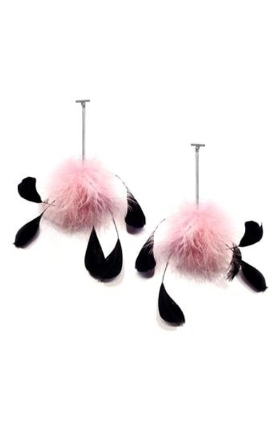 Shop Tuleste Marabou Pompom Drop Earrings In Silver/ Pink/ Black