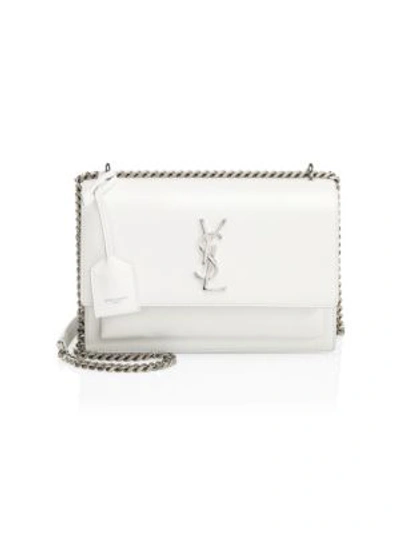 Shop Saint Laurent Medium Sunset Grained Leather Silver Chain Bag In White