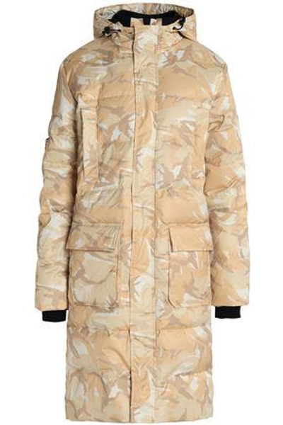Shop Ganni Woman Printed Quilted Shell Hooded Coat Sand
