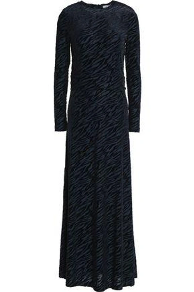 Shop Ganni Flocked Zebra-print Jersey Maxi Dress In Midnight Blue