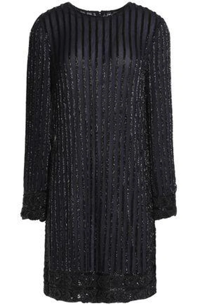 Shop Ganni Quincy Bead-embellished Tulle Mini Dress In Midnight Blue