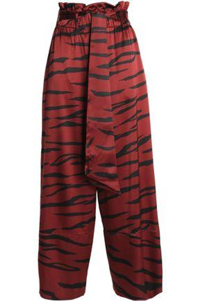 Shop Ganni Woman Zebra-print Silk-blend Satin Wide-leg Pants Brick