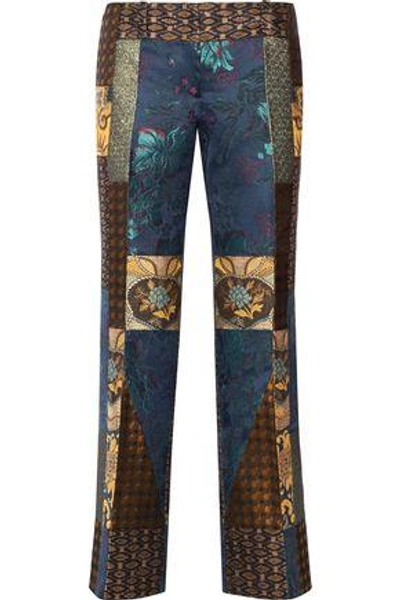 Shop Etro Patchwork Jacquard Flared Pants In Teal
