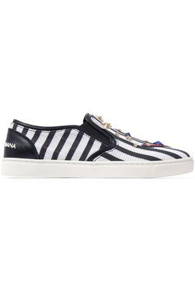 Shop Dolce & Gabbana Woman Embellished Striped Textured-leather Slip-on Sneakers White