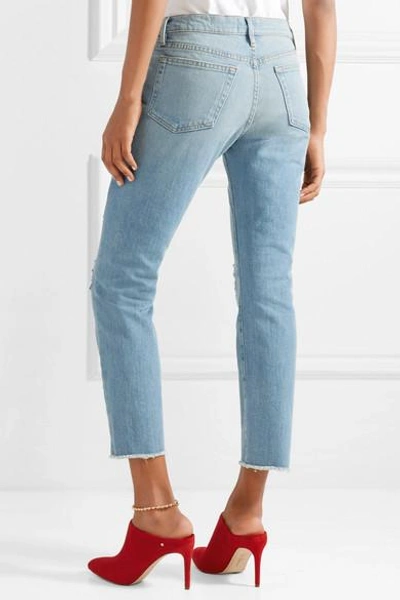 Shop Frame Le Boy Distressed High-rise Slim-leg Jeans In Light Denim