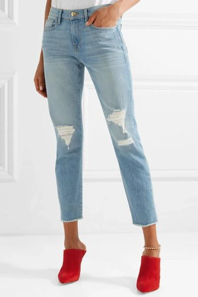 Shop Frame Le Boy Distressed High-rise Slim-leg Jeans In Light Denim