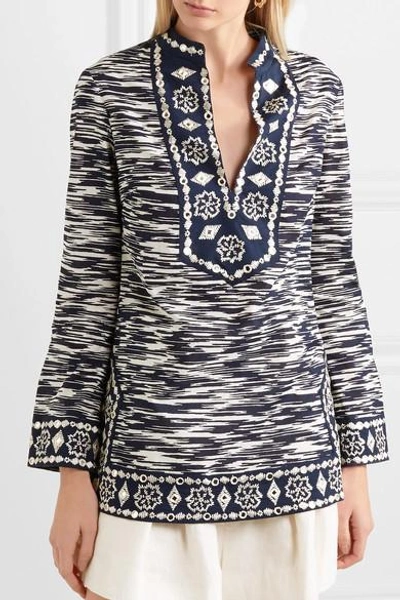 Shop Tory Burch Embellished Printed Cotton-voile Tunic In Navy