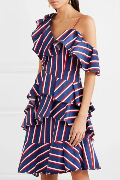 Shop Alice And Olivia Cold-shoulder Striped Cotton-twill Dress