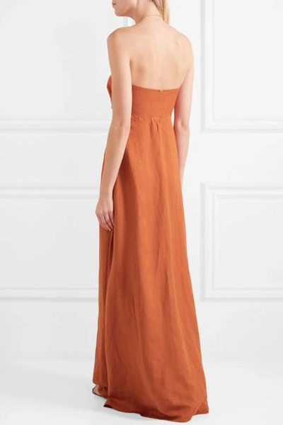 Shop Adriana Degreas Strapless Cutout Linen-blend Maxi Dress In Light Brown