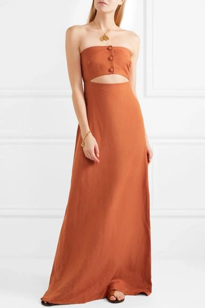 Shop Adriana Degreas Strapless Cutout Linen-blend Maxi Dress In Light Brown