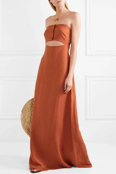 Shop Adriana Degreas Strapless Cutout Linen-blend Maxi Dress In Light Brown