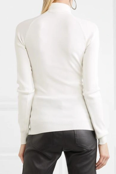 Shop Mugler Embellished Stretch-knit Turtleneck Sweater In White