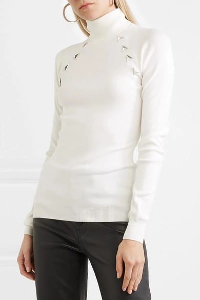 Shop Mugler Embellished Stretch-knit Turtleneck Sweater In White