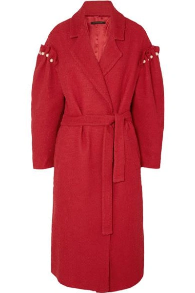 Shop Mother Of Pearl Webb Faux Pearl-embellished Cotton-tweed Coat In Red