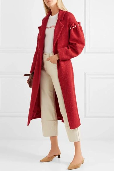 Shop Mother Of Pearl Webb Faux Pearl-embellished Cotton-tweed Coat In Red