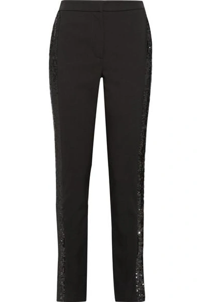 Shop Oscar De La Renta Sequin-trimmed Wool-blend Gabardine Skinny Pants In Black