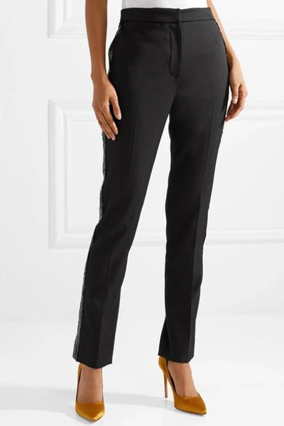 Shop Oscar De La Renta Sequin-trimmed Wool-blend Gabardine Skinny Pants In Black
