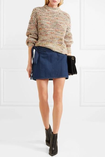 Shop Jw Anderson Leather-trimmed Denim Mini Skirt In Mid Denim
