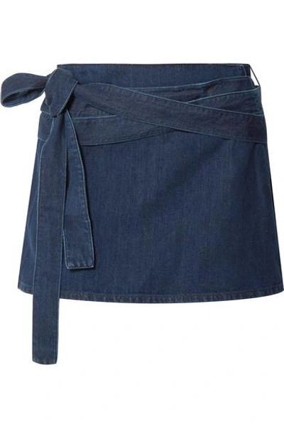 Shop Jw Anderson Leather-trimmed Denim Mini Skirt In Mid Denim