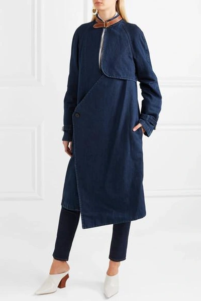 Shop Jw Anderson Leather-trimmed Cotton And Linen-blend Denim Coat In Dark Denim