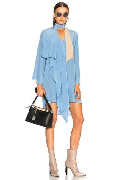 Shop Fendi Crepe De Chine Long Sleeve Mini Dress In Blue