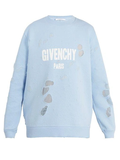 Givenchy Destroyed Logo Crew-neck Cotton Sweatshirt In Light Blue | ModeSens