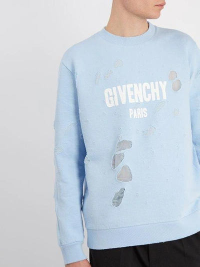 Givenchy Destroyed Logo Crew neck Cotton Sweatshirt In Light Blue