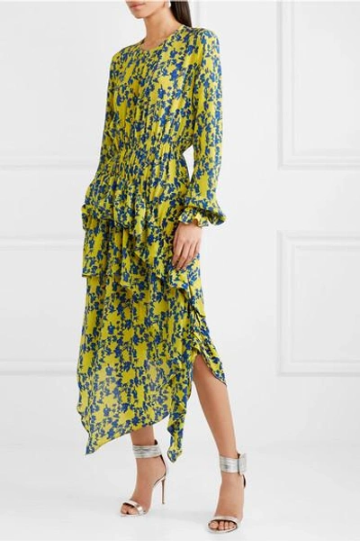 Shop Preen Line Eden Asymmetric Ruffled Floral-print Crepe De Chine Dress In Yellow