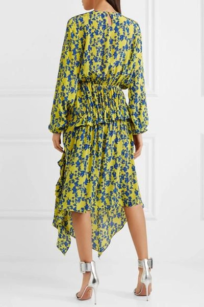 Shop Preen Line Eden Asymmetric Ruffled Floral-print Crepe De Chine Dress In Yellow