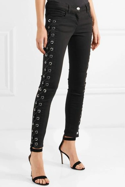Shop Versus Lace-up Mid-rise Skinny Jeans In Black