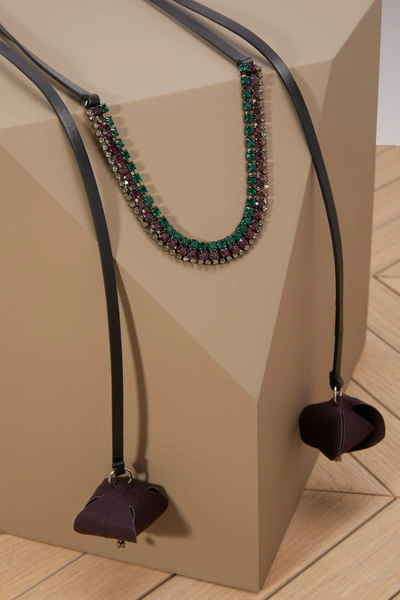 Shop Marni Flower And Rhinestone Necklace In Dark Eggplant