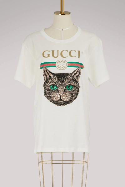 Shop Gucci Logo T-shirt With Mystic Cat In Ivory