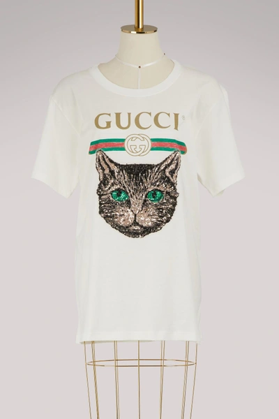 Gucci Logo T-shirt With Mystic Cat In Ivory