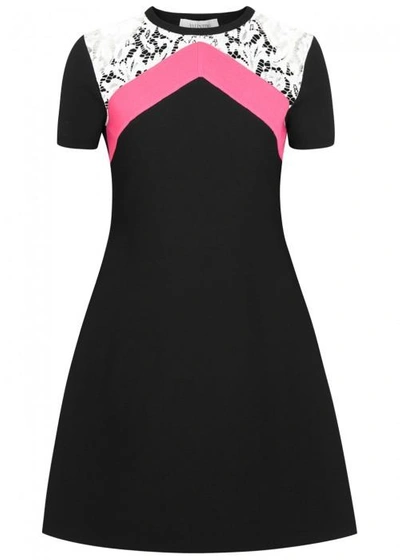 Shop Valentino Black Lace-panelled Stretch-knit Dress
