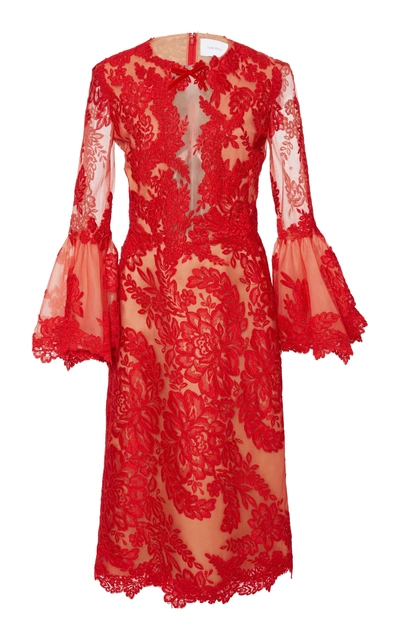 Shop Marchesa Lace Bell Sleeve Cocktail Dress In Red