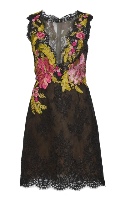 Shop Marchesa Mini Embroidered Lace Dress In Black