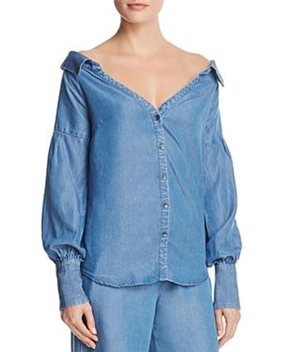 Shop Ella Moss Off-the-shoulder Chambray Shirt In Medium Wash