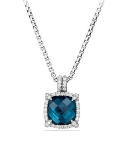 Shop David Yurman Châtelaine Pave Bezel Pendant Necklace With Gemstone & Diamonds/9mm In Hampton Blue Topaz