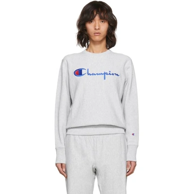 Shop Champion Reverse Weave Grey Logo Crewneck Sweatshirt In Loxgm Em004