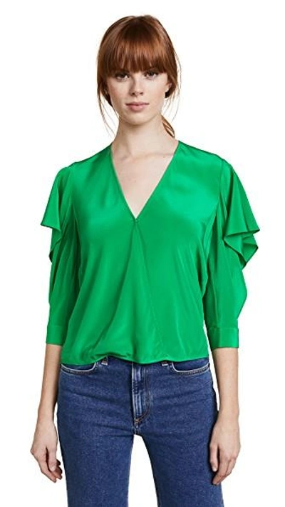 Shop Michelle Mason Flutter Sleeve Blouse In Green