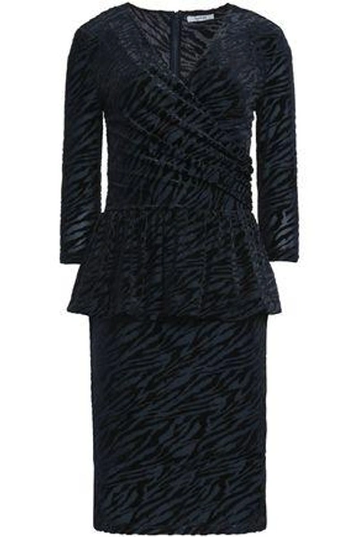 Shop Ganni Zebra-print Devoré-velvet Peplum Dress In Navy