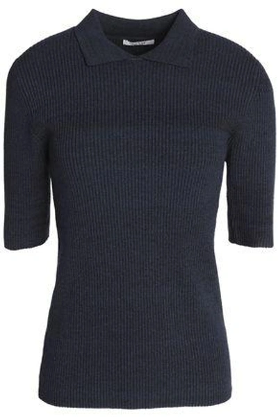 Shop Ganni Woman Mélange Ribbed-knit Top Midnight Blue