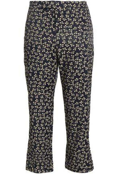 Shop Ganni Cropped Floral-print Crepe Flared Pants In Midnight Blue