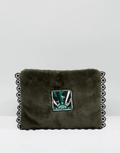 Shop Anna Sui Faux Fur Clutch Bag With Badge - Green