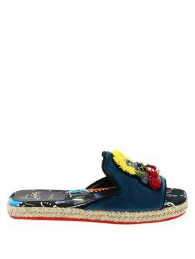 Shop Christian Louboutin Pacha Raffia Leather Flats In Black Peacock