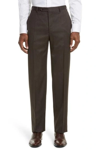 Shop Canali Flat Front Stripe Wool Trousers In Brown