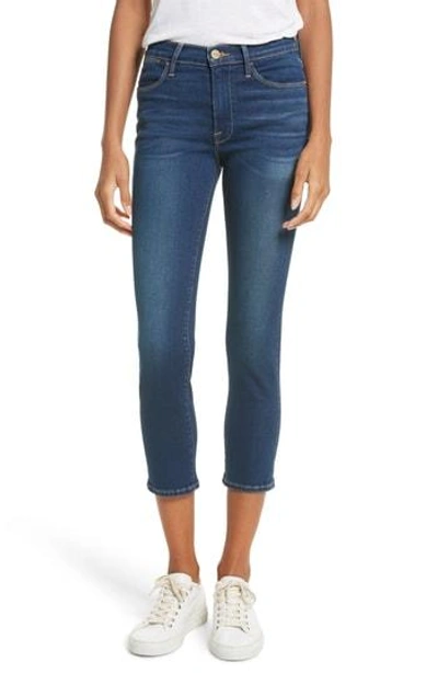Shop Frame Le High Raw Stagger Straight Jeans In Blue