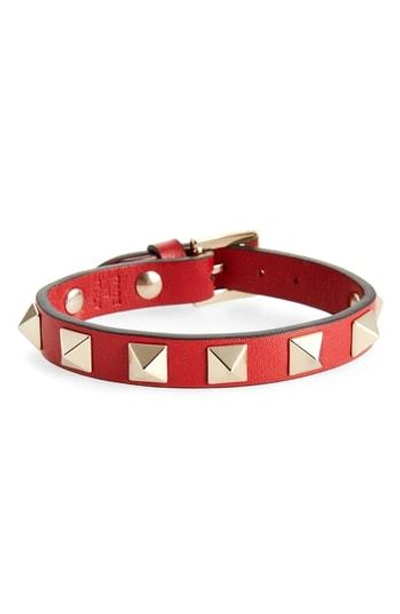 Shop Valentino Rockstud Leather Bracelet In Rosso V