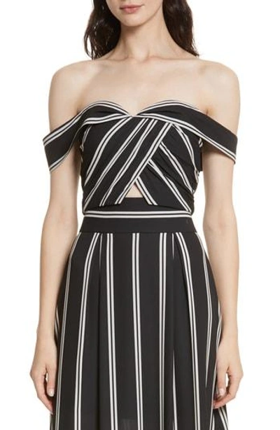 Shop Alice And Olivia Annalyn Off The Shoulder Crop Top In Mod Pinstripe