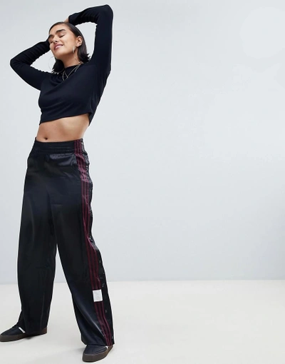 Shop Adidas Originals Adibreak Satin Wide Leg Popper Pants In Black - Black